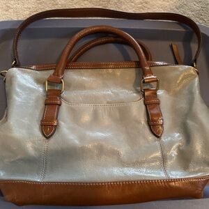 Elegant Blue and Brown Leather Tote Bag